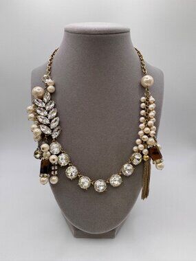 Anne Taylor Factory Faux Pearl Rhinestone Statement Necklace Gold Tone 18”